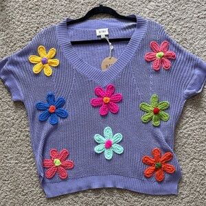 BiBi Lavender Sweater with Multicolor Floral Accents
